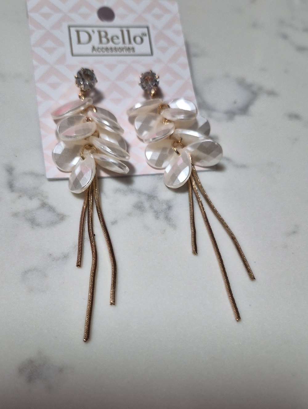 D'Bello Accessories: White Shell Drop Earrings with Gold Tassels
